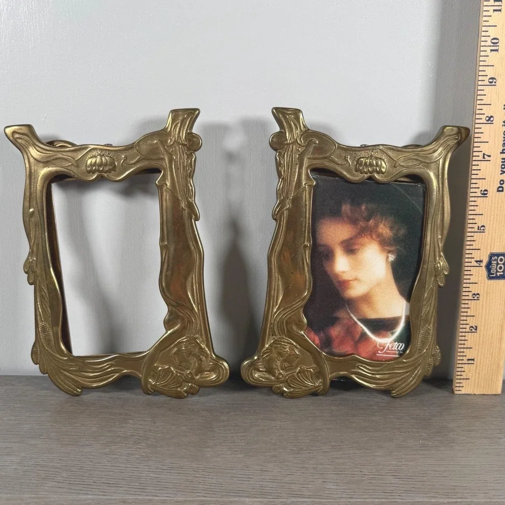 Fetco International Art Nouveau Brass Picture Frame Set 2 4x6 Gold Vtg Ornate